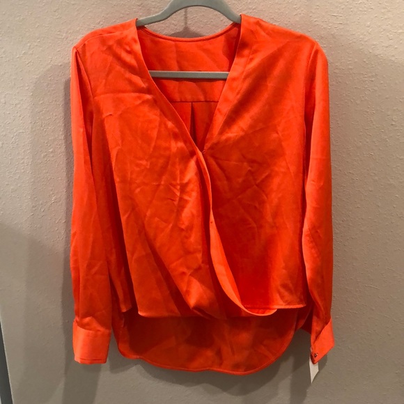 Neon orange DKNY satin low cut blouse with button sleeves. Hi low cut, - Picture 1 of 5